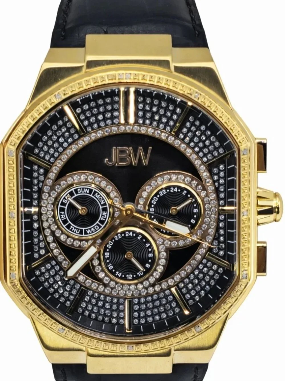 JBW J6342E Mens Gold Tone Chronograph Diamond Bezel Black Leather Watch 44mm
